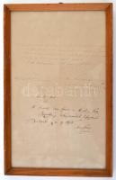 1875 Nendtvich Károly (1811-1892) kémikus, az akadémiai természet- és vegytani szertár őrének kézzel írt, aláírt nyugtája 50 Ft felvételéről, Arany János főtitkári feljegyzésével, üvegezett fa keretben