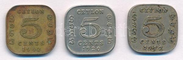 Ceylon 1912H 5c Cu-Ni + 1920. 5c Cu-Ni + 1942. 5c Ni-sárgaréz T:2,2- patina Ceylon 1912H 5 Cents Cu-Ni + 1920. 5 Cents Cu-Ni + 1942. 5 Centes Ni-Brass C:XF,VF patina Krause KM#108, KM#113.1