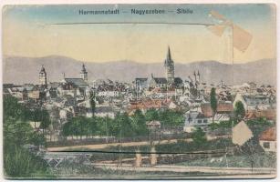 Nagyszeben, Hermannstadt, Sibiu; leporellolap belül a Disznódi és a Schewis utcával villamosokkal / leporellocard with street views and trams inside