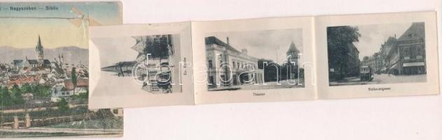 Nagyszeben, Hermannstadt, Sibiu; leporellolap belül a Disznódi és a Schewis utcával villamosokkal / ...