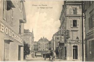 La Chaux-de-Fonds, Le Passage sous Voies; Boucherie, Huilerie la semeuse, Biére de Munich, Grande brasserie (?) Robert, Boulangerie G.W(?) / underpass, shops