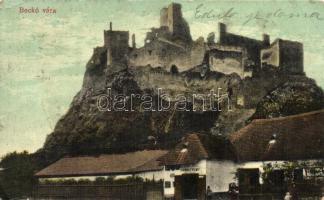 Beckó, Beczkó, Beckov; Vár a Vágvölgyben, Schwarz Vilmos üzlete. Brück Gyula felvétele és kiadása / Beckovsky hrad, Povazie / castle, shop (EB)