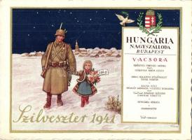 1941 Budapest, Hungária Nagyszálloda szilveszteri menükártyás képeslap, katonával / restaurant menu card postcard, Hungarian soldier, s: Biczó