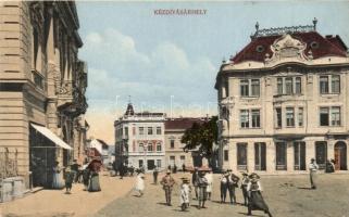 Kézdivásárhely, Targu Secuiesc; Takarékpénztár, utcakép / street view with savings bank + K.u.K. Bahnhofkommando