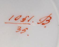 Antik füles tányér, kézzel festett, kopott, jelzett, 25×20 cm