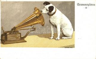 Dog with gramophone, art postcard, litho, s: J. Weiner (kopott sarkak / worn corners)