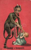 "Üdvözlet a Krampusztól" / Krampus greeting art poscard, Emb. litho (fa)