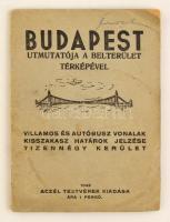 1942 Budapest útmutatója a belterület térképével, villamos és autóbusz kisszakasz határok jelzésével. Bp., Aczél Testvérek, 50 p. Térkép:50x70 cm./ 1942 Map and legend of Budapest.