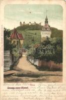 1902 Szászkézd, Kaisd, Keisd, Saschiz; Evangélikus templom, vár / church, castle. Chromophototypie von Jos. Drotleff (lyuk / pinhole)