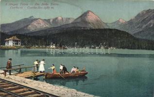Tátra, Tatry; Csorba tó, Gizella evezőscsónak, csónakázók / Strbské Pleso / lake, rowing boats (fl)