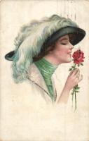 Lady with rose. litho art postcard +1916 IV. Károly király koronázása napján So. Stpl. (EK)