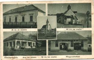 Gömörpéterfala, Petrovce; M. kir. állami népiskola, Új római katolikus és a 800 éves régi templom, Római katolikus plébánia, Hangya szövetkezet / churches, school, parish, cooperative shop (fa)