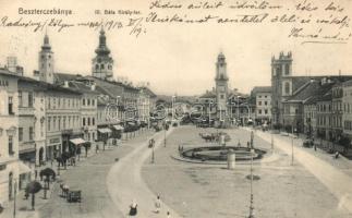 1913 Besztercebánya, Banská Bystrica; IV. Béla király tér, templomok, Lőwy Jakab üzlete / square, churches, shops