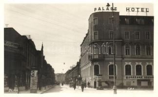 Zsolna, Zilina; utcakép, Palota szálló, hirdetőoszlopok, üzletek / street view with Palace Hotel, advertising columns and shops. photo