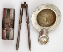 Fém diótörő ( apró hibával), Berndorf teaszűrű, jelzett monogrammos, fogpiszkálótartó, h:15,5 cm, 13×9 cm, 10×4 cm