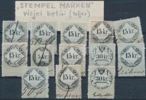 1864-68 15 kr illetékbélyegek a STEMPEL MARKEN vízjel összes betűjével / With a complete watermark text