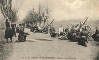 Cs. és kir. nehéz tarack tüzérség, ágyúk tüzelés közben / K.u.K. schwere haubitz-Batterie, Abfeuern des Geschützes / K.u.K. heavy howitzer artilley, firing cannons