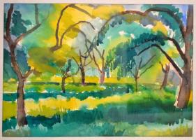 Jánossy Ferenc (1926-1983): Gyümölcsfák. Akvarell, papír, jelzett, üvegezett keretben, 33×49 cm