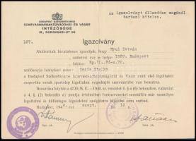 1944 Budapest Székesfőváros Szarvasmarhaközvágóhíd és Vásár Intézősége által kiállított légoltalmi beosztási igazolvány
