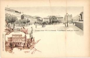 Budapest V. Ferenc József tér és az Akadémia. floral Art Nouveau litho, 5 Kr. Ga.