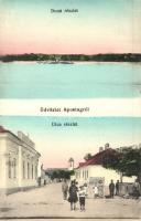 Apostag, Duna részlet, utcakép, Takarékpénztár, Evangélikus templom (EK)