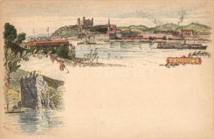 Pozsony, Pressburg, Bratislava; Ezredéves Országos Kiállítás, Dévény, vár, gőzhajók, piros 5 Kr Ga. floral litho s: Morelli, Dörre. T. / castle, steamships, general view