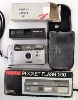 Vegyes fényképezőgép tétel, 3 db: Nikon Af230 tokban, Revue Pocket Flash 200, 110 Pocket camera, eredeti dobozukban