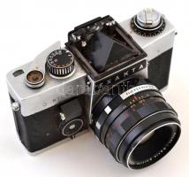 Ihagee Exakta RTL 1000 kisfilmes SLR fényképezőgép, Meyer-Optik Görlitz Oreston 50mm f/1.8 objektívvel, sérült (cserélhető) tüköraknával, sérült szűrőmenettel, működőképes állapotban, eredeti bőr tokjában / Vintage German 35mm SLR camera, in faulty but working condition, with original leather case