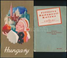 cca 1933-1940 Vegyes utikönyv tétel, 2 db:   cca 1940 Hungary. Bp.,Stádium-ny., 20 p.+ 1 t. Kiadói illusztrált papírkötés. Angol nyelvű turisztikai prospektus, fekete-fehér fotókkal. A borító Konecsni György (1908-1970) grafikus munkája.+  1933 Dr. Mátéka Béla: Filléres Budapesti Kalauz. Bp.,1933, Dr. Vajna György és Társa. Fekete-fehér fotókkal, korabeli reklámokkal. Kiadói papírkötés.