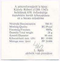 1992. 500Ft Ag "Károly Róbert" tanúsítvánnyal, dísztokban T:PP kis patina 
Adamo EM123