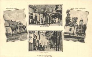 1933 Tatárszentgyörgy, Csendőrlaktanya, Római katolikus templom, utca, Schmidt Béla borbély és fodrász üzlete és Szőrös J. cipész