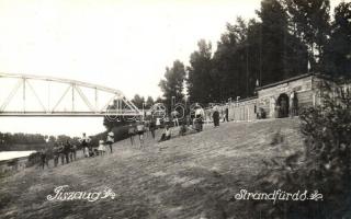1943 Tiszaug, Strandfürdő a híddal, Szántó László strandbüféje. photo + 1943 Tiszaug-Kecskemét vasúti pecsét