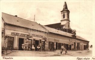 1932 Várpalota, Fő tér, templom, Hülber József, Vitéz Makó István és Koch Aladár üzlete (Rb)