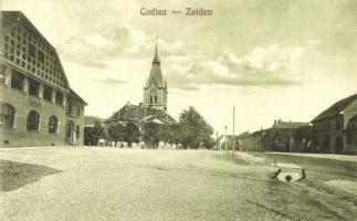 Feketehalom, Zeiden, Codlea; Fő tér, templom, Vendéglő a Schwarzburg-hoz. Atelier Gust / main square, church, restaurant