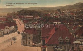 1917 Feketehalom, Zeiden, Codlea; Piac tér, Belger utca / Marktplatz, Belgergasse / market square and street view