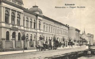 Kolozsvár, Cluj; Malom utca, Polgári fiúiskola és Ipari szakiskola / street view with boy and indust...