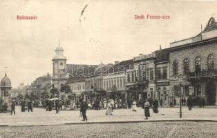 1909 Kolozsvár, Cluj; Deák Ferenc utca, Stief Jenő és Társa üzlete, Grand Kávéház, piac, hirdetőoszlop / street view with shops, cafe, market and advertising column