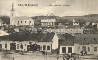 Retteg, Reteag; látkép a református templommal, Leon Antal üzlete, Lövinger Gidáli kiadása / Calvinist church, shops  (fl)