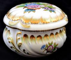 Herendi Viktória mintás porcelán bonbonier, kézzel festett, jelzett, hibátlan, m: 7 cm, d: 12 cm.