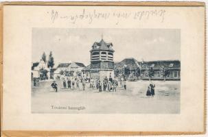 Tata, Képeslapfüzet zárt levélben, benne a tóvárosi harangláb, vasútállomás, Honvéd laktanya és Törö...