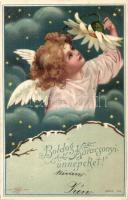 1902 Boldog Karácsonyi Ünnepeket! Dombornyomott litho / Christmas greeting card, angel with flower. Kopal Serie 193. litho