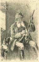1905 Hunter cleaning his gun, hunting dog. S.B. Vienna