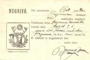 1930 Vadász Meghívó Fegyverneki vadászatra. Kongorácz-nyomda kiadása / Hungarian hunter's invitation for a hunting (EK)