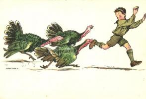 Pulykák elől menekülő cserkész. Magyar Cserkészszövetség, Klösz Gy. és fia / Hungarian scout art postcard, scout running from turkeys s: Márton L.