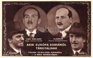 1936 Akik Európa sorsáról tárgyalnak: Grandi, Van Zeeland, Flandin, Eden. A Tolnai Világlapja ajándéka a béke reményében, hátoldalon szöveg a Londoni tárgyalásokról / Locarno Powers meet in London