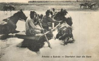 Átkelés a Száván lovakkal / Überfahrt über die Save / WWI K.u.k. military, soldiers crossing the Sava River with horses + Militär-Zensurkomm. Újvidék