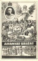 Aranyat Vasért! Az Auguszta Gyorssegély-alap mozgalma, a beszolgáltatott arany ékszerekért "Pro Patria 1914" feliratú vasgyűrűt, vasórát és vaskarkötőt adtak cserébe / Gold für Eisen / Gold for Ion! WWI Hungarian military propaganda, Franz Joseph