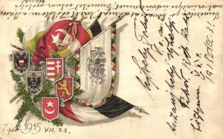 1915 Központi hatalmak zászlói és címere. Hadsegélyező Hivatal kiadása / Central Powers flags and coat of arms, litho