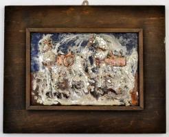 Jelzés nélkül: Lovak. Tűzzománc, réz lemez, keretben, sérült, 13×19 cm