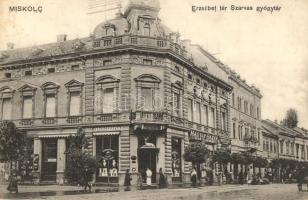 Miskolc, Erzsébet tér, Szarvas gyógyszertár, Magyar Bazár, Székely Lajos, Barta Adolf üzlete. Vértes fényképész kiadása